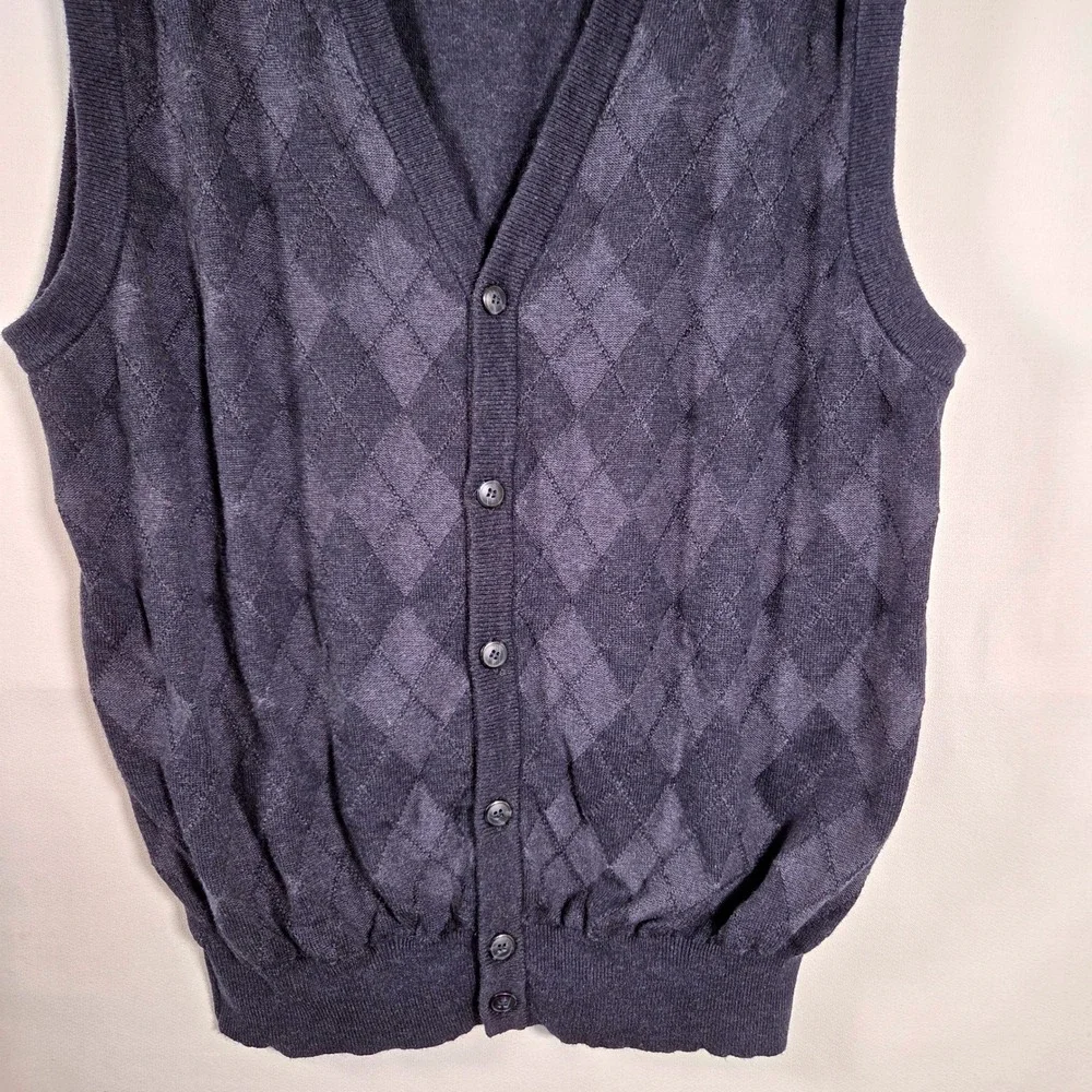 Mens XL Argyle Button Front Sweater Vest Navy Cotton Wool Blend Preppy Academia